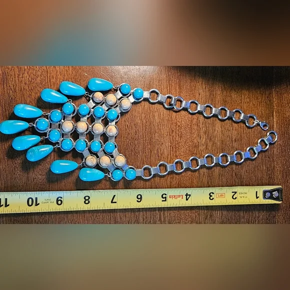 Turquoise & Ivory Western Boho Bib Necklace | Silver-Tone Chain - Picture 5 of 6